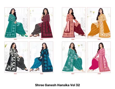 Shree Ganesh Hansika Vol 32 catalog collage showing bright blue and olive green floral salwar suits with matching dupattas.