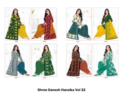 Shree Ganesh Hansika Vol 32 catalog collage showing red and dark grey floral salwar suits with matching dupattas.
