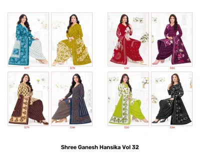 Shree Ganesh Hansika Vol 32 catalog collage showing white and red floral salwar suits with matching dupattas.