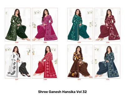 Shree Ganesh Hansika Vol 32 catalog collage showing green and burgundy floral salwar suits with matching dupattas.