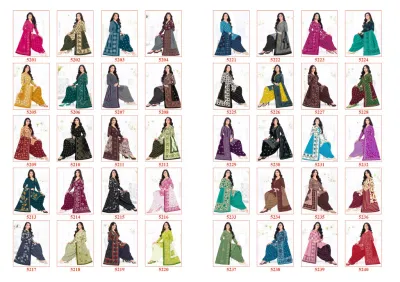 Shree Ganesh Hansika Vol 32 catalog collage showing bright yellow and black floral salwar suits with matching dupattas.