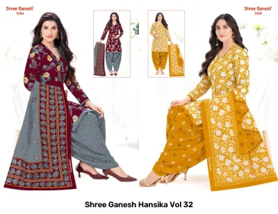 Shree Ganesh Hansika Vol 32 catalog collage showing deep red and yellow floral printed salwar suits with matching dupattas.