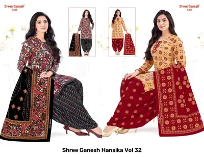 Shree Ganesh Hansika Vol 32 catalog collage showing patterned red and beige salwar suits with matching printed dupattas.