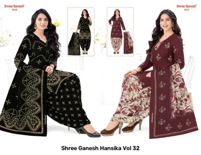 Shree Ganesh Hansika Vol 32 catalog collage showing black and deep maroon printed salwar suits with matching dupattas.