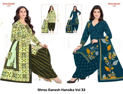 Shree Ganesh Hansika Vol 32 catalog collage showing light green and deep teal printed salwar suits with matching dupattas.