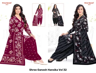 Shree Ganesh Hansika Vol 32 catalog collage showing deep red and black abstract printed salwar suits with matching dupattas.