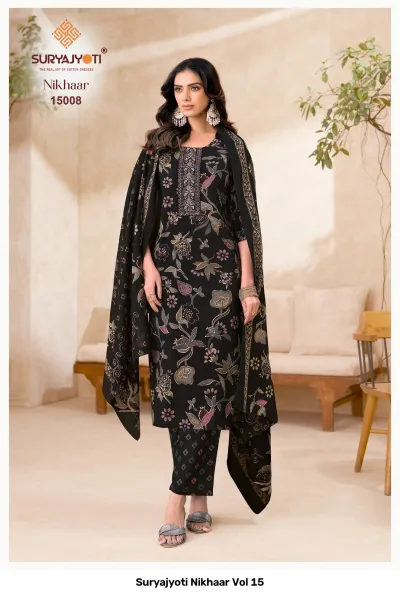 Suryajyoti Nikhaar Vol 15, black floral printed cotton salwar suit with neck thread work, includes dupatta and matching printed bottom.