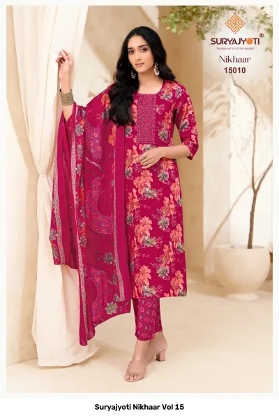 Suryajyoti Nikhaar Vol 15, pink floral printed cotton salwar suit with neck embroidery, includes matching dupatta and printed bottom.