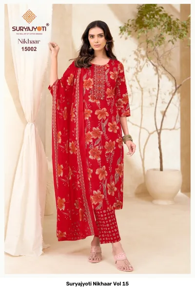 Suryajyoti Nikhaar Vol 15, red floral printed cotton salwar suit with neck embroidery and matching printed dupatta and pants.