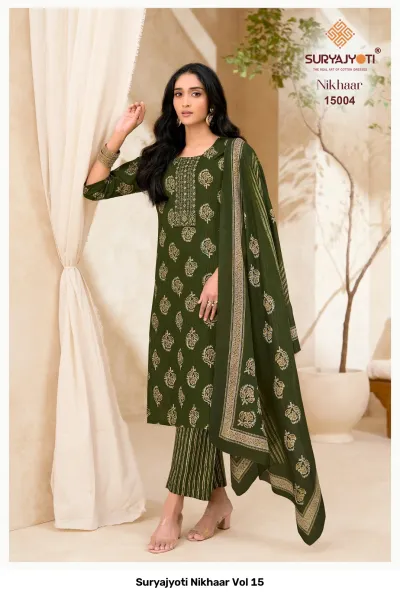 Suryajyoti Nikhaar Vol 15, dark green printed cotton salwar suit featuring leaf motifs, neck thread work, dupatta, and striped pants.