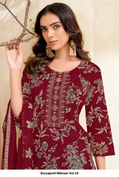Suryajyoti Nikhaar Vol 15, maroon kurti close-up with floral prints and intricate thread work embroidery on the neckline.