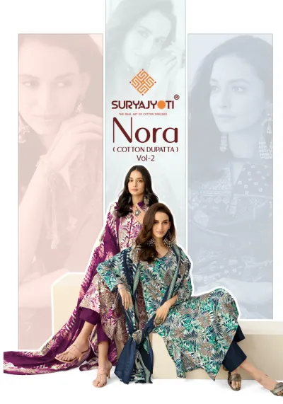 Suryajyoti Nora Vol – 2 catalog cover featuring models in printed salwar suits.