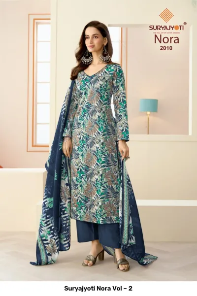Suryajyoti Nora Vol – 2 blue and green leaf-print salwar suit with matching trousers and dupatta.