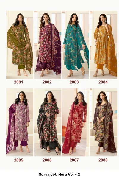 Suryajyoti Nora Vol – 2 catalog collage displaying eight different printed salwar suit designs.