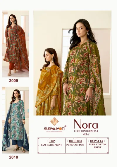 Suryajyoti Nora Vol – 2 catalog page showing fabric details for printed salwar suits.