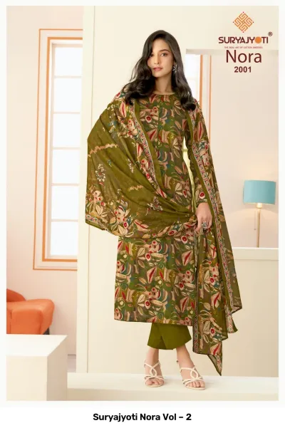 Suryajyoti Nora Vol – 2 olive green printed salwar suit with matching dupatta and trousers.