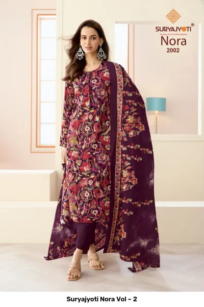 Suryajyoti Nora Vol – 2 purple floral printed salwar suit with matching trousers and dupatta.
