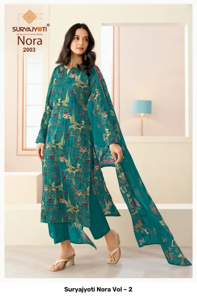 Suryajyoti Nora Vol – 2 teal printed salwar suit with matching trousers and dupatta.