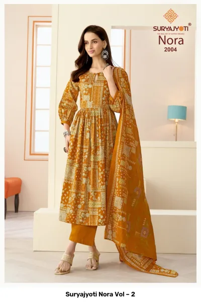 Suryajyoti Nora Vol – 2 mustard printed salwar suit with matching trousers and dupatta.