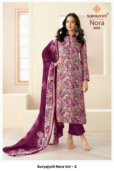 Suryajyoti Nora Vol – 2 purple and white leaf-print salwar suit with matching trousers and dupatta.