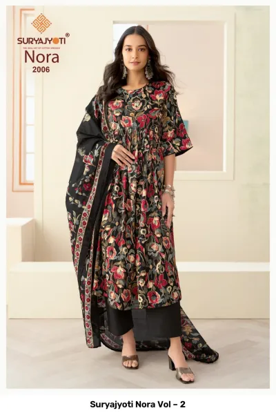 Suryajyoti Nora Vol – 2 black floral printed salwar suit with matching trousers and dupatta.
