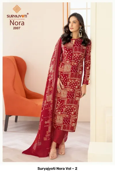 Suryajyoti Nora Vol – 2 red patterned salwar suit with matching trousers and dupatta.