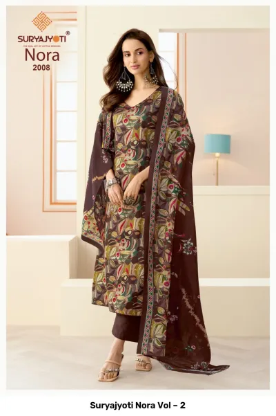 Suryajyoti Nora Vol – 2 dark brown floral printed salwar suit with matching trousers and dupatta.