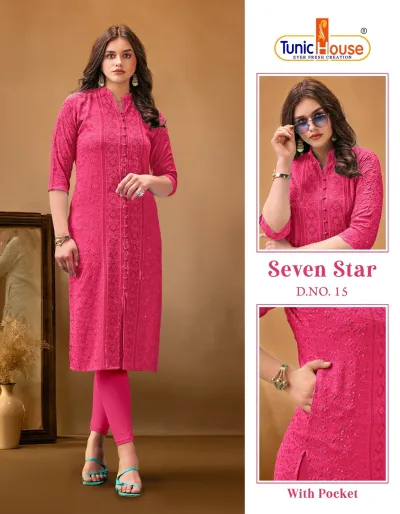 Tunic House 7 Star: Bright pink straight cut kurti with front button placket, tonal thread embroidery, and sequins.