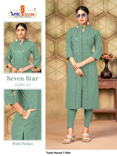 Tunic House 7 Star: Sage green straight cut kurti with front button placket, tonal thread embroidery, and sequins.