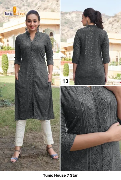 Tunic House 7 Star: Dark charcoal grey straight cut kurti with front button placket, tonal thread embroidery, and sequins.