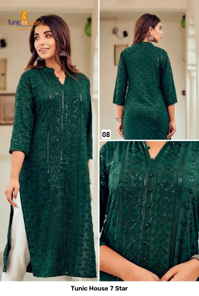 Tunic House 7 Star: Forest green straight cut kurti with front button placket, tonal thread embroidery, and sequins.