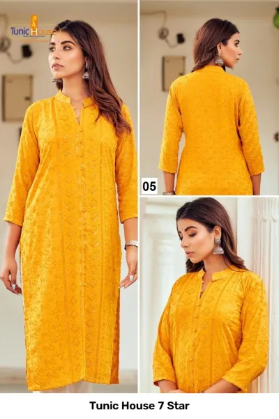 Tunic House 7 Star: Mustard yellow straight cut kurti with front button placket, tonal thread embroidery, and sequins.