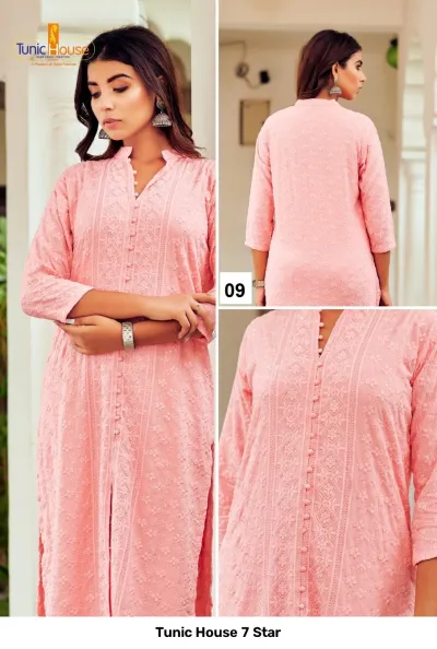 Tunic House 7 Star: Pale pink straight cut kurti with front button placket, tonal thread embroidery, and sequins.