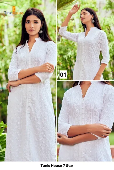 Tunic House 7 Star: White straight cut kurti with front button placket, tonal thread embroidery, and sequins.