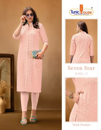 Tunic House 7 Star: Peach straight cut kurti with front button placket, tonal thread embroidery, and sequins.