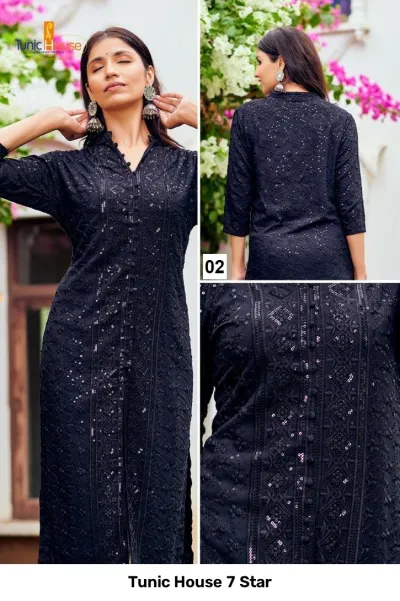 Tunic House 7 Star: Black straight cut kurti with front button placket, tonal thread embroidery, and sequins.