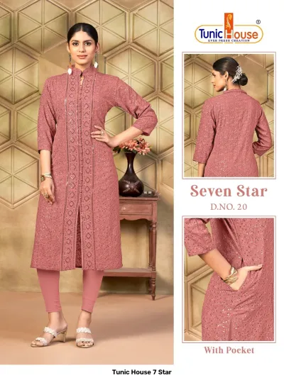 Tunic House 7 Star: Dusty rose straight cut kurti with front button placket, tonal thread embroidery, and sequins.