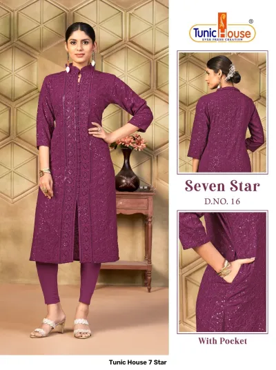 Tunic House 7 Star: Dark purple straight cut kurti with front button placket, tonal thread embroidery, and sequins.