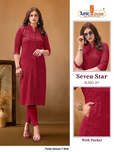 Tunic House 7 Star: Maroon straight cut kurti with front button placket, tonal thread embroidery, and sequins.