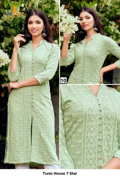 Tunic House 7 Star: Light mint green straight cut kurti with front button placket, tonal thread embroidery, and sequins.