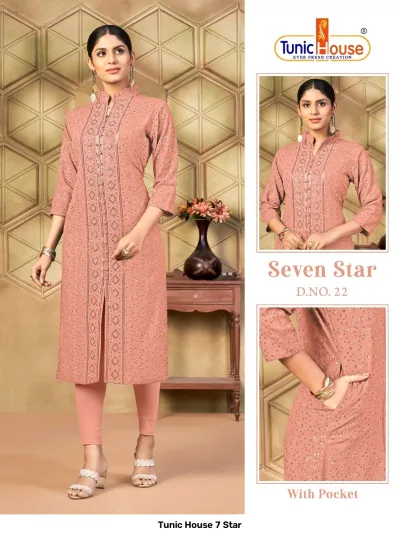 Tunic House 7 Star: Muted coral straight cut kurti with front button placket, tonal thread embroidery, and sequins.