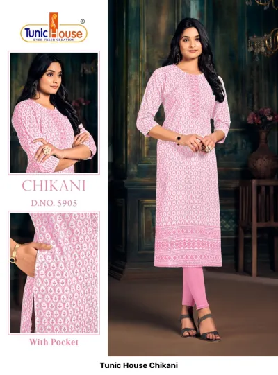 Tunic House Chikani 5905: A pink and white printed straight-cut kurti featuring Chikankari-style thread work embroidery and side pockets.