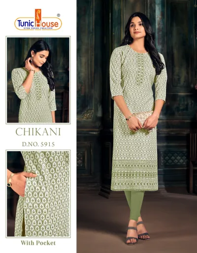 Tunic House Chikani 5915: A light green and white printed straight-cut kurti showcasing Chikankari-style thread work embroidery and side pockets.