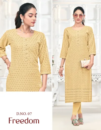 Tunic House Freedom Vol 07: Yellow straight cut kurti featuring all-over intricate thread embroidery and a button-down placket detail.
