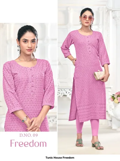 Tunic House Freedom Vol 09: Pink straight cut kurti detailed with all-over thread embroidery and a button-accented front placket.