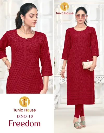 Tunic House Freedom Vol 10: Maroon straight cut kurti with all-over thread embroidery, button detail, and a matching patterned border at the hem.