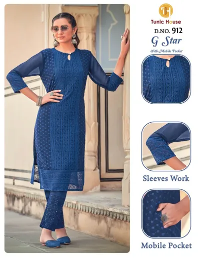 Tunic House G Star D.NO. 912: A blue straight cut kurti with intricate thread work embroidery, matching trousers, and a keyhole neckline detail.