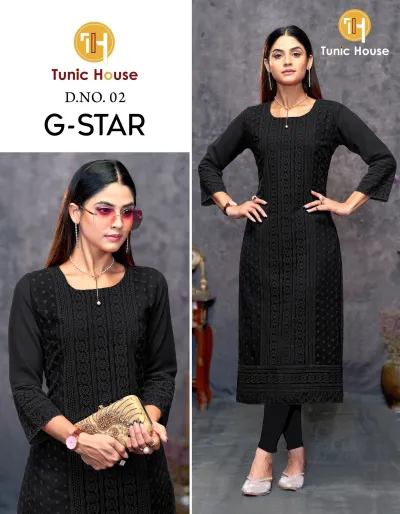 Tunic House G Star D.NO. 02: A black straight cut kurti featuring detailed thread work embroidery, paired with matching pants in a catalog collage format.