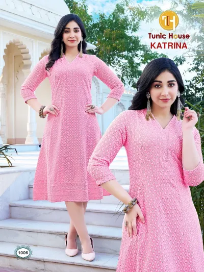 Tunic House Katrina Anarkali: Pink Anarkali kurti with all-over intricate tonal thread work embroidery and v-neckline.