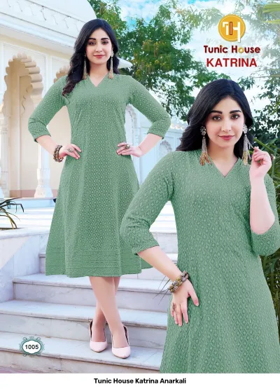 Tunic House Katrina Anarkali: Sage green Anarkali kurti featuring all-over tonal thread work embroidery and three-quarter sleeves.